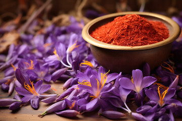 Obraz na płótnie Canvas Saffron, obtained from the Crocus sativus bloom, is an aromatic seasoning.