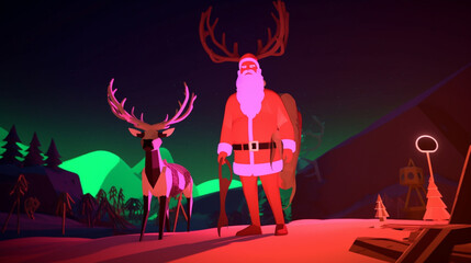 Radiant Neon Santa Claus with Caribou - A Contemporary Holiday Vision