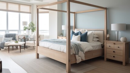 Bedroom decor, home interior design . Coastal Modern style with Ocean View decorated with Wood and Glass material . Generative AI AIG26.
