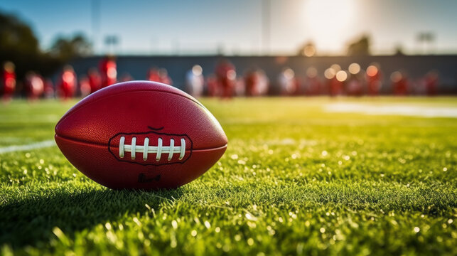 Close-up of a football resting on the football field, capturing the texture and details of the game