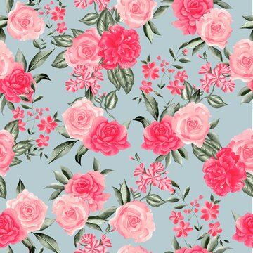 Watercolor flowers pattern, red romantic roses, green leaves, blue background, seamless
