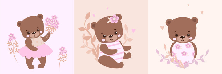 Fototapeta premium Cute teddy bear set. Baby bear collection. Poster, print, baby shower, greeting card.Vector illustration
