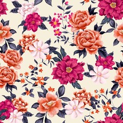 Watercolor flowers pattern, orange and pink tropical elements, green leaves, white background, seamless