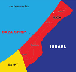 Vector map  of Gaza Strip showing prominent cities, vital hospitals, and essential road infrastructure, providing a comprehensive view of the area's key - obrazy, fototapety, plakaty