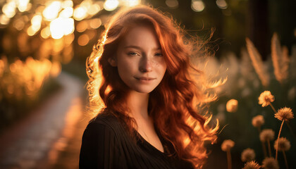 Wunderschöne junge Frau mit rothaarigen wallendem Haar - obrazy, fototapety, plakaty