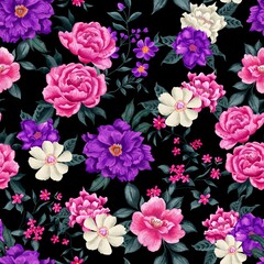 Watercolor flowers pattern, pink and purple tropical elements, green leaves, navy blue background, seamless