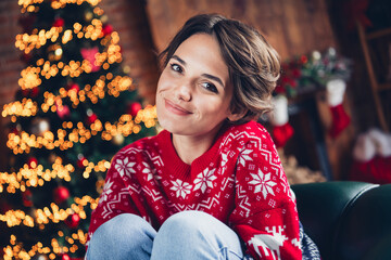 Fototapety  Photo of nice cute girlfriend brown bob hair sit holding legs comfort couch holly jolly xmas isolated on illumination indoors background