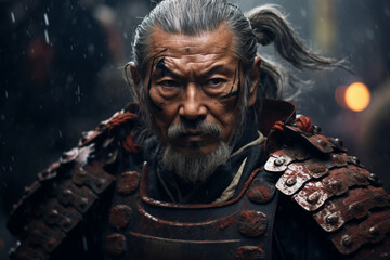 Nihon Sensei, Traditional Japanese Samurai. Martial Art Fighter. Realistic Close Up Photo