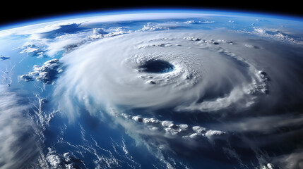 View from the space station of hurricane on planet Earth. Hurricane manifests as spiral formed by powerful clouds and stormy surface winds. Power and strength of natural phenomenon. Copy space.