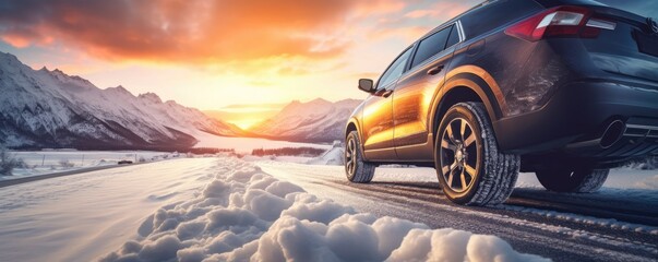 Luxury winter sports car tires near snowy road high in mountains, panorama. Generatve Ai