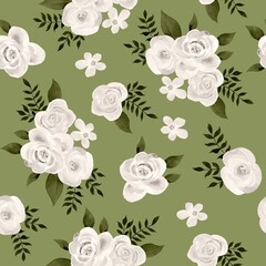 Watercolor flowers pattern, white tropical elements, green leaves, green background, seamless