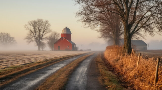 Misty morning glow illuminating a rural farm road, leading to a picturesque red barn in the distance - Powered by Adobe