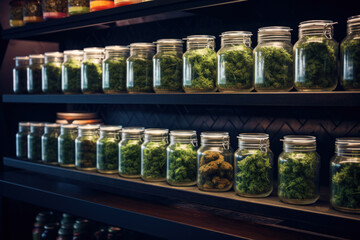 Cannabis dispensary, rows of glass jars with marijuana