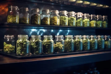 Foto op Aluminium Cannabis dispensary, rows of glass jars with marijuana © Kondor83