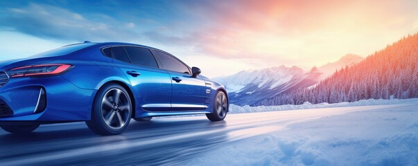 Luxury winter sports car tires near snowy road high in mountains, panorama. Generatve Ai