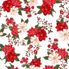 Watercolor flowers pattern, red Christmas tropical elements, green leaves, white background, seamless
