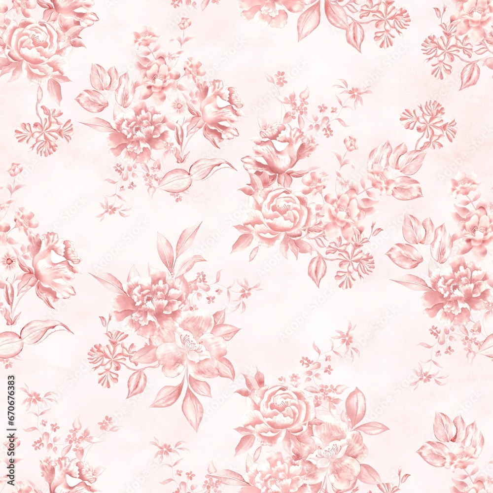 Wall mural watercolor flowers pattern, pink tropical elements, leaves, white background, seamless