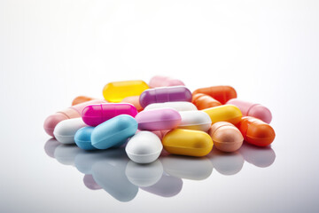 Obraz na płótnie Canvas Heap of ecstasy pills on white reflective surface