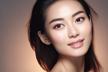 Fototapeta premium This is a portrait of a beautiful young Asian woman with flawless skin highlighting her attractive and healthy appearance.