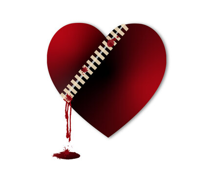 Broken red hearts with plaster, wound, patches, stitches and bandages isolated on white background.