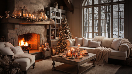 Christmas Living Room with Snowy Views