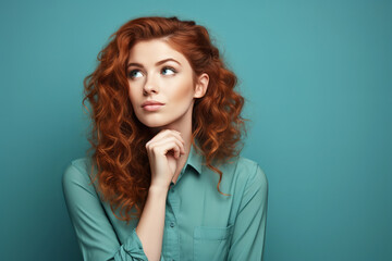 Attractive red-haired curly woman with a pensive uncertain expression on her face on a green background - obrazy, fototapety, plakaty