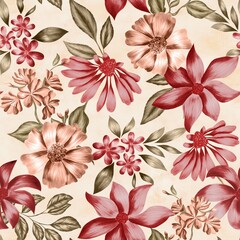 Watercolor flowers pattern, red tropical elements, green leaves, gold background, seamless