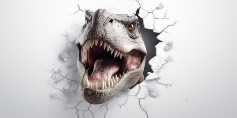 Cute T-Rex peeking out of a hole in wall, torn hole, empty copy space frame, mockup. Generative AI...