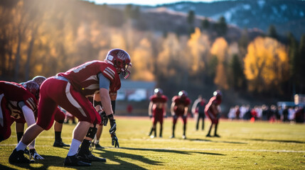 High school football team gathered on the field in autumn, ready to showcase their skills and teamwork - obrazy, fototapety, plakaty