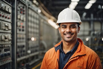 Portrait of proud smiling electrical engineer with hard hat in front of control panel of power plant. Generative Ai. - obrazy, fototapety, plakaty