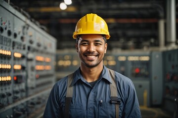 Portrait of proud smiling electrical engineer with hard hat in front of control panel of power plant. Generative Ai. - obrazy, fototapety, plakaty