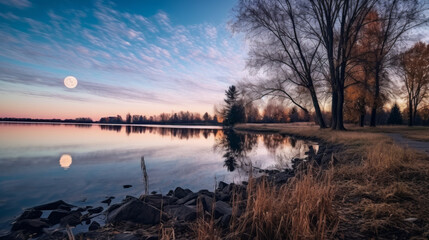 Fototapeta premium Misty autumn sunset casting a magical glow over the landscape, creating a tranquil and peaceful scene