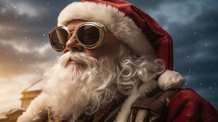"Festive Santa Style: Get into the party spirit with a cool and funny Santa showing off holiday signs. Celebrate December's surprises with our confident tourist Santa in fashionable sunglasses."