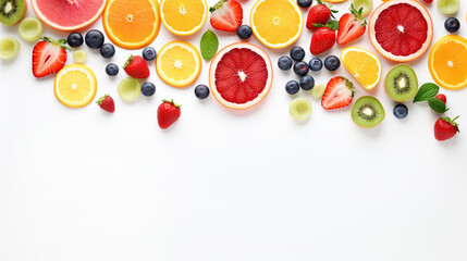 Colorful fruit with white background and warm light for product presentation in top view. Created using generative AI.