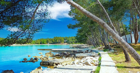 View on bay at adriatic sea with rock beach, pine trees and path against blue summer sky - Crvena...