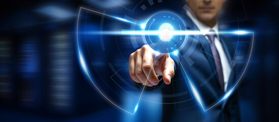 A person uses a fingerprint scanner to unlock and access a network of personal data. Biometric security network, privacy data protection. Security system with fingerprint on cyber technology