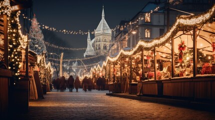 Fototapeta na wymiar Cityscape Wonderland: Step into the holiday spirit with a defocused Christmas market at night. The city comes alive with colorful lights and festive decorations, perfect for a winter celebration