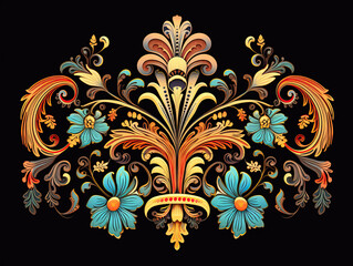 Indian motif Mughal flower, ornament symmetrical along two axes Palekh style, Russian style