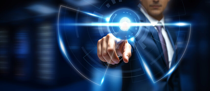 A person uses a fingerprint scanner to unlock and access a network of personal data. Biometric security network, privacy data protection. Security system with fingerprint on cyber technology