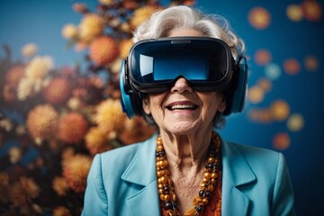 Elderly woman wearing VR headset, expressing wonder and joy. Presenting the excitement of technology and innovation in later life. Generative Ai.