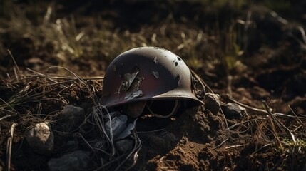 a soldier’s helmet abandoned in a barren battlefield, symbolizing the cost of war