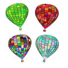 Vector illustration with the hot air balloons. aeronautics. Valentines day. Love. Mosaic bright peaces. Vector graphics. Blue, pink, yellow, green colors. For postcards, magazines, books, patterns