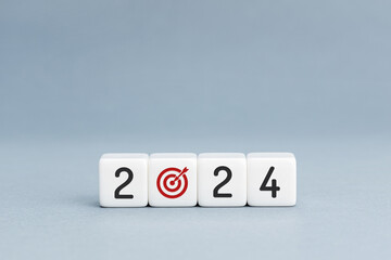 2024 business plan or goal concept. 2024 number and goal target icon on blocks isolated on blue...