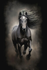 Fototapeta na wymiar Black horse galloping through the mist