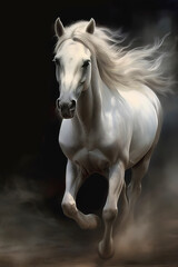 A white horse with a long flowing mane gallops