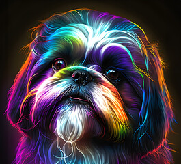 Shih Tzu dog puppy in abstract, graphic highlighters lines rainbow ultra-bright neon artistic portrait, commercial, editorial advertisement, surrealism. Isolated on dark background	
