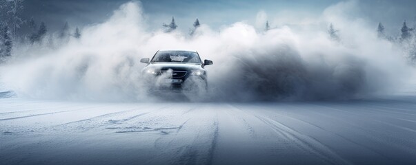 Drifting car on snowy wet road with skid, car accident, fire, banner panorama. Generative Ai.