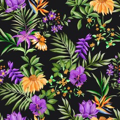 Watercolor leaves and floral pattern, greenfoliage, purple and yellow flowers, black background, seamless