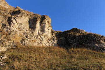 Fototapeta na wymiar A grassy area with a rock formation