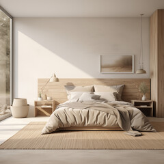 Home mockup, bedroom in scandinavian style, 3d render. AI generated.